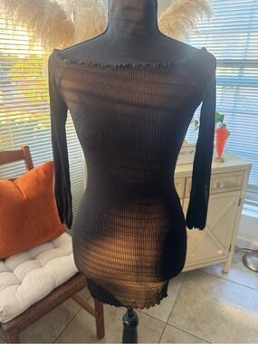 Heart Hips Black Ribbed Sheer Long-Sleeve Mini Dress
